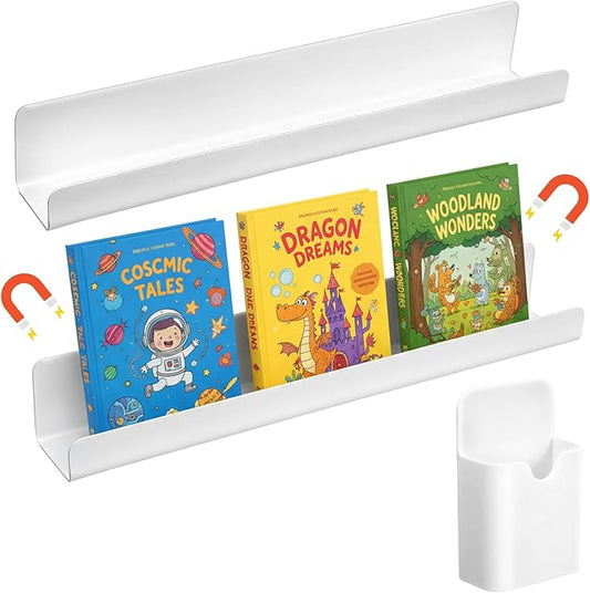 3 Pcs Magnetic Book Shelf for Whiteboard, Heavy-Duty Acrylic Magnetic Book Holder with 8 lbs Capacity, Versatile White Board Shelf for Classroom Office Kitchen Refrigerator Organization (White)