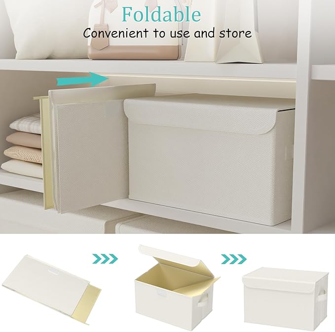 Storage Bins with Lids for Organizing, Closet Boxes with 2 Carrying Handles and Sturdy Heavy Cardboard, Home Organizers Cubes, 4 Pack, Beige, 15 x 9.8 x 9.8 In, XSNY12BEL-4