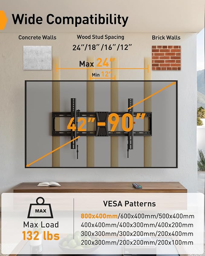Perlegear Tilting TV Wall Mount for 42–90 Inch TVs with Leveling Adjustment, Max VESA 800x400mm, Low-Profile TV Mount Wall Bracket up to 132 lbs, Easy for Centering, Fits 12"/16"/18"/24" Studs, PGXT5