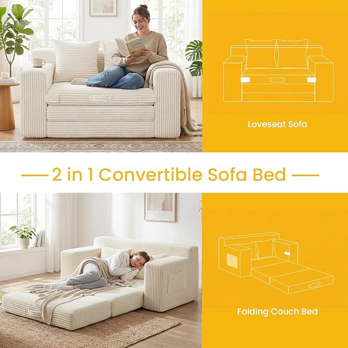 Boneless Loveseat Sleeper Sofa Bed: 3-in-1 Convertible Sofa Bed with Side Pockets & Handle,Pull Out Couch with 2 Pillows,Folding Futon for Small Space,Living Room & Bedroom,Corduroy Fabric,No Assembly