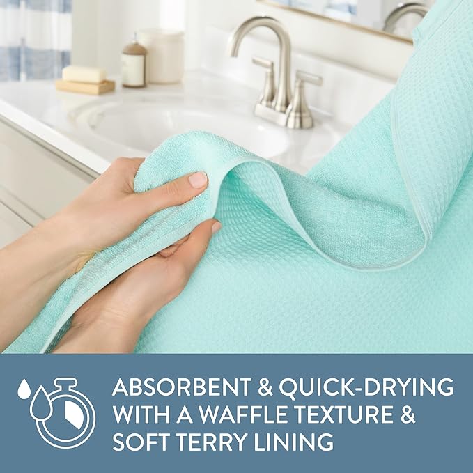 Town & Country Basics 6-Piece Assorted Waffle Woven Terry Stripe Set, 2 Bath Towel, 2 Hand Towel, 2 Washcloth, 100% Cotton, Quick Dry, Aqua