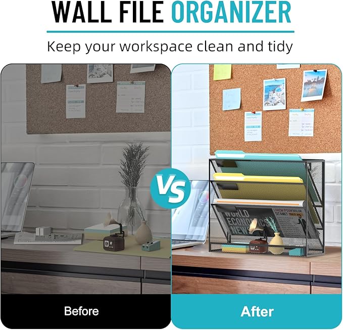 SUPEASY 4-Tier Wall File Organizer Mesh Office Mail Holder, Hanging Wall Organizer Magazine Rack for Office Black