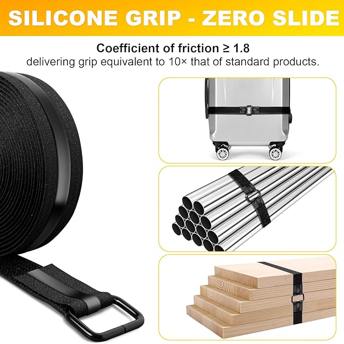 1.18" x 16' Heavy-Duty Anti-Slip Cinch Straps, 22 Buckles, Black Nylon Hook-and-Loop, Reusable for Garage, Cable Management and Outdoor