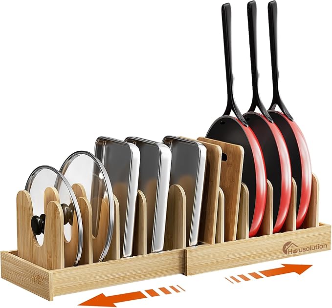 Housolution Bamboo Pot and Pan Organizer for Cabinet, 15"-29" Expandable Pot Lid Organizer with 10 Adjustable Dividers, Pan Holder Storage Rack for Cutting Board, Baking Tray and Cookie Sheet
