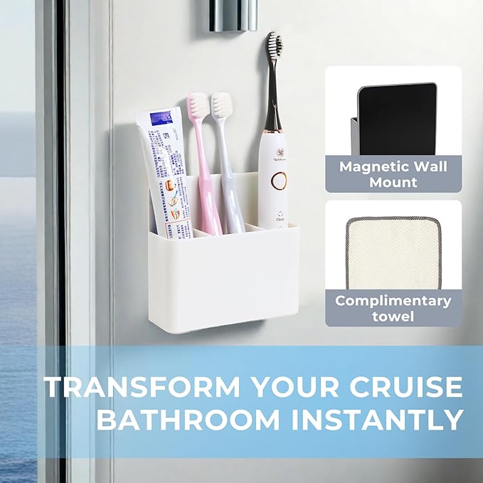 Magnetic Toothbrush Holder for Cruise Ship Cabin – Wall-Mounted Cruise Bathroom Organizer with 2 Removable Dividers & Towel, Cruise Essentials 2025 & Cruise Must Haves for Alaska & Caribbean Cruises