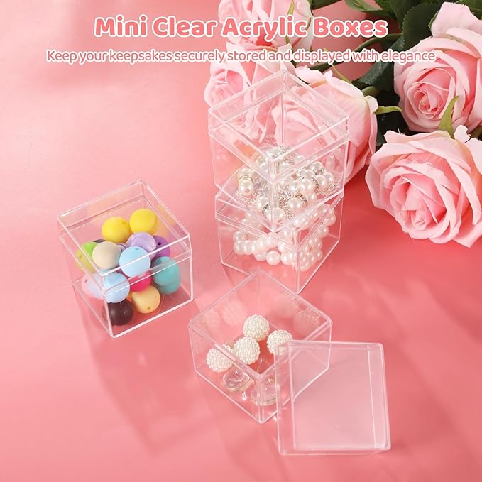 50 Pcs Clear Acrylic Boxes 2X2X2 with Lids, Square Mini Display Cases, Stackable Containers for Favors, Jewelry, and Treats