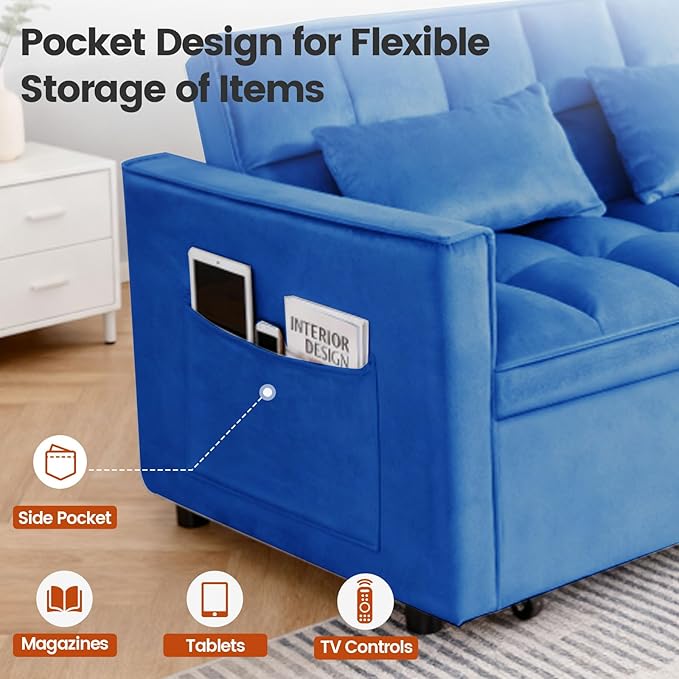 Convertible Sofa Bed, Love Seat Sleeper Bed with Side Pockets, 3 in 1 Velvet Fabric Pull Out Couch with Adjustable Backrest for Living Room, Bedroom, Apartment, Blue
