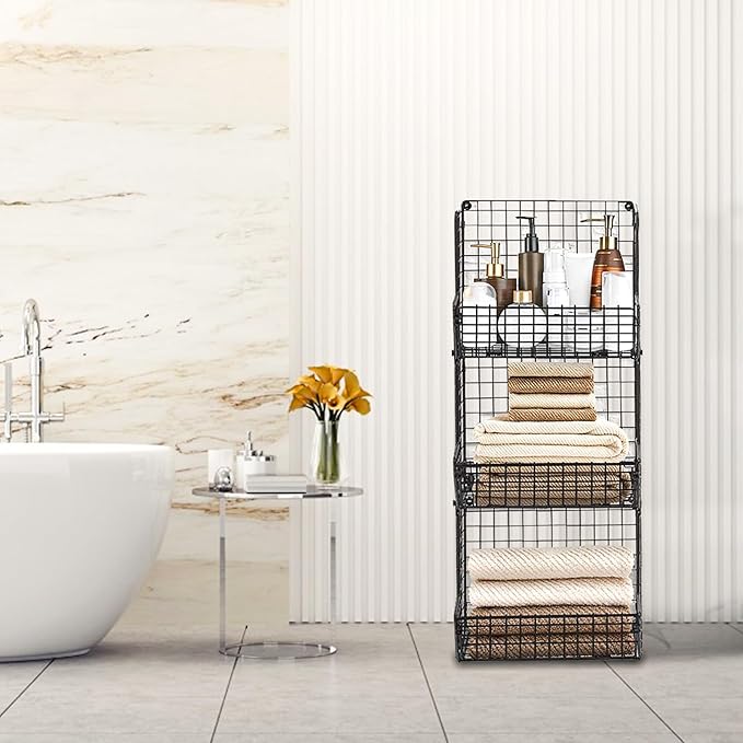 Stackable Wire Storage Baskets for Kitchen Closet Pantry, Hanging Closet Organizers Storage Shelves Organization, Wall Mount Metal Basket Bins, Clothing Vegetable & Fruit Organizer 5 pcs