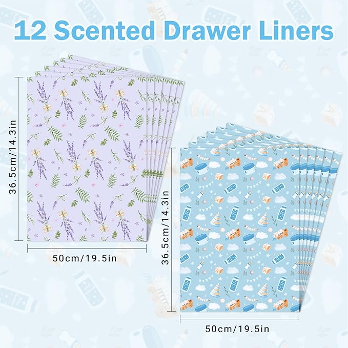 SCENTORINI Scented Drawer Liners for Dresser,6 Lavender + 6 Baby Powder Scent Drawer Paper Liners, Paper Sheets Liner 14.3x19.5 Inch, for Fragrant Home Shelf Closet Bedroom Drawer