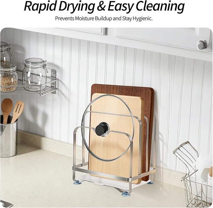 Stainless Steel Cutting Board Organizer Rack with Draining Tray, 3 Slots Kitchen Countertop Holder for Pot Lids, Heavy Duty Anti-Slip Stand for Thick & Thin Boards, Rustproof Storage