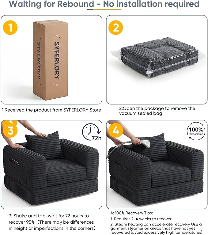 Versatile 2 In 1 Armchair Convertible Chaise Longue Small Couches Fomfy Bean Bag Chair for Small Spaces, Portable Chair Bed Comfy Floor Sofa Lounge Couch for Bedroom, Apartment, 1 Seater, Black
