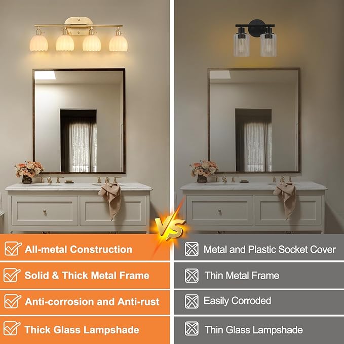 Bathroom Light Fixtures, 4-Light Brass Vanity Wall Light Over Mirror with White Tulip Glass Shade for Bedroom Living Room (Bulb Not Included)