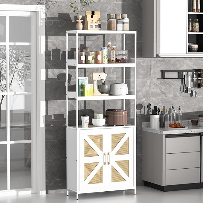Kitchen Bakers Rack with Storage, 70.8'' Tall 5 Tier Farmhouse Pantry Cabinet with Rattan Doors, Industrial Kitchen Hutch with Large Microwave Storage Rack Freestanding Wine Cabinet Living Room, White