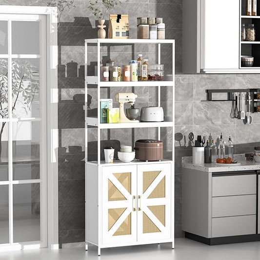 Kitchen Bakers Rack with Storage, 70.8'' Tall 5 Tier Farmhouse Pantry Cabinet with Rattan Doors, Industrial Kitchen Hutch with Large Microwave Storage Rack Freestanding Wine Cabinet Living Room, White