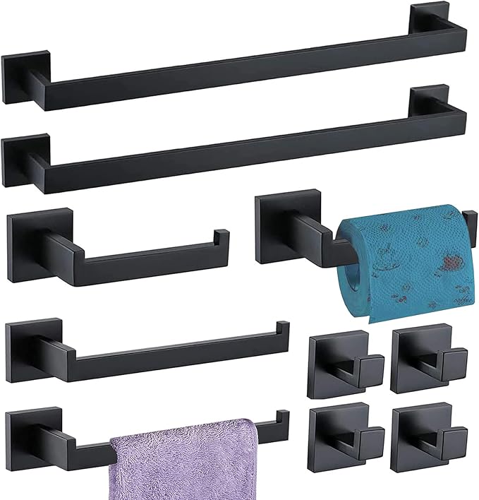 Bathroom Hardware Set 10 Piece Matte Black Bathroom Accessories Set SUS304 Towel Bar Set Includes 2 Towel Bar 24 Inch+2 Towel Holder+2 Toilet Paper Holder+4 Towel Hooks(10, Matte Black)