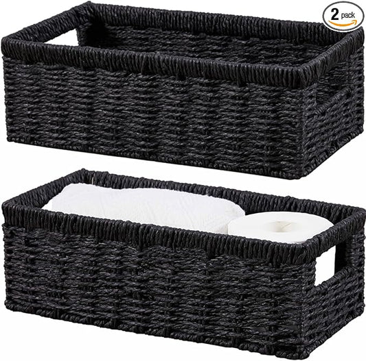 Vagusicc Wicker Storage Basket, Paper Rope Wicker Baskets with Handles, Toilet Paper Basket for Toilet Tank Top, Small Wicke Baskets for Organizing Shelves, 2-Pack, Black