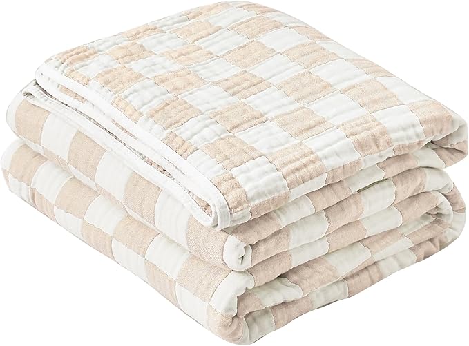 100% Cotton Muslin Blanket Cream Checkerboard 6-Layer Gauze King Bed Blanket Lightweight Soft and Breathable Blanket for Couch Bed Coverlet (Cream Checkerboard, King)