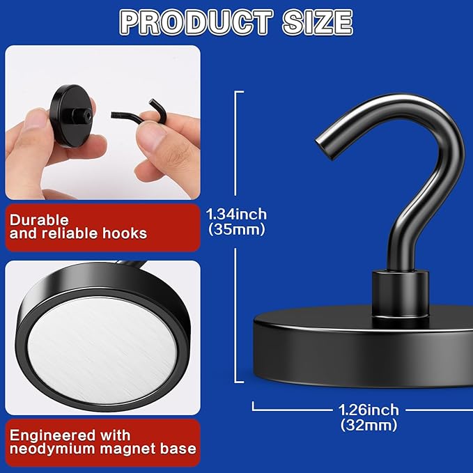 6Pack Strong Magnetic Hooks Heavy Duty, Magnet Hooks, 110lbs Metal Magnetic Hooks for Cruise Cabins, Magnet with Hooks, Magnet Hook, Magnetic Hook for Hanging, Refrigerator, Garage