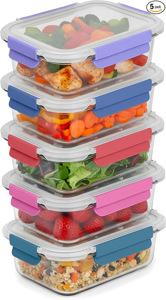 ECOBERI 4.5 Cup Glass Meal Prep Containers with Lids & Silicone Sleeves, 5-Pack Airtight, Leak-Resistant Food Storage Containers for Fridge, Freezer, Oven & Microwave
