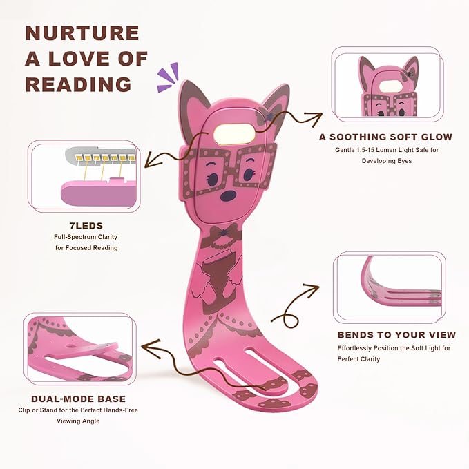 Rechargeable Kids Book Light, Cute Bookmark Reading Light for Kids, Dimmable Portable LED Book Light for Reading in Bed, Eye-Caring Bedtime Reading Lamp for Children & Travel, Pink
