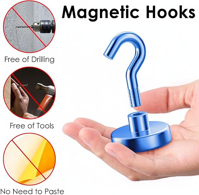 Magnetic Hooks for Cruise Ship Cabins, 110 lbs Blue Hooks for Classroom, Travel Accessories, Magnet with Hook for Grill, Fridge, 6 Pack