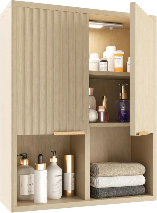 HAIOOU Fluted Bathroom Wall Cabinet with Motion Sensor Light, Curved Profile Wooden Medicine Cabinet Wall Mounted Cupboard, Wave Like Over Toilet Storage Cabinet with Buffering Hinges - Natural