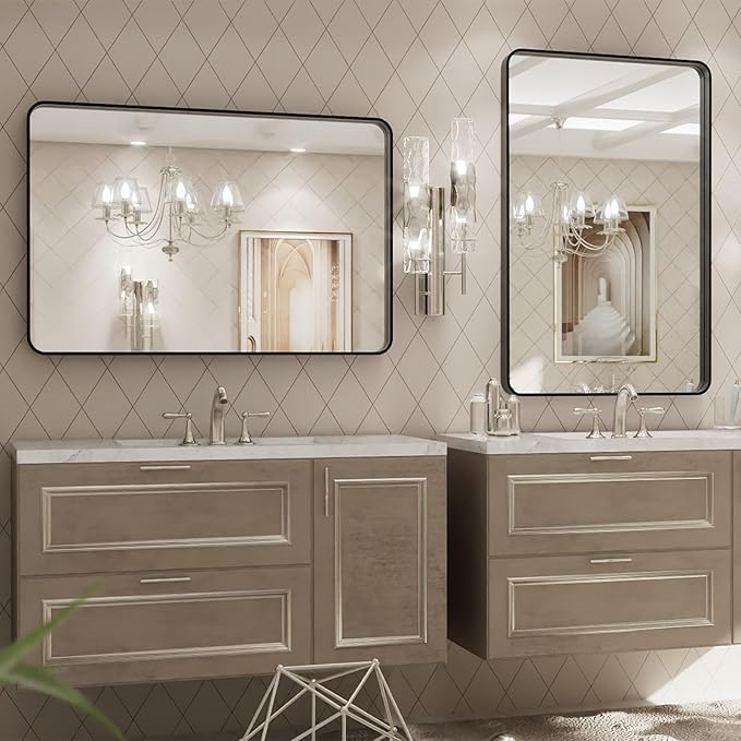 LOAAO 24X30 Inch Black Metal Framed Bathroom Mirror for Wall, Matte Black Bathroom Vanity Mirror Farmhouse, Large Rounded Rectangle Mirror, Anti-Rust, Hangs Horizontally or Vertically