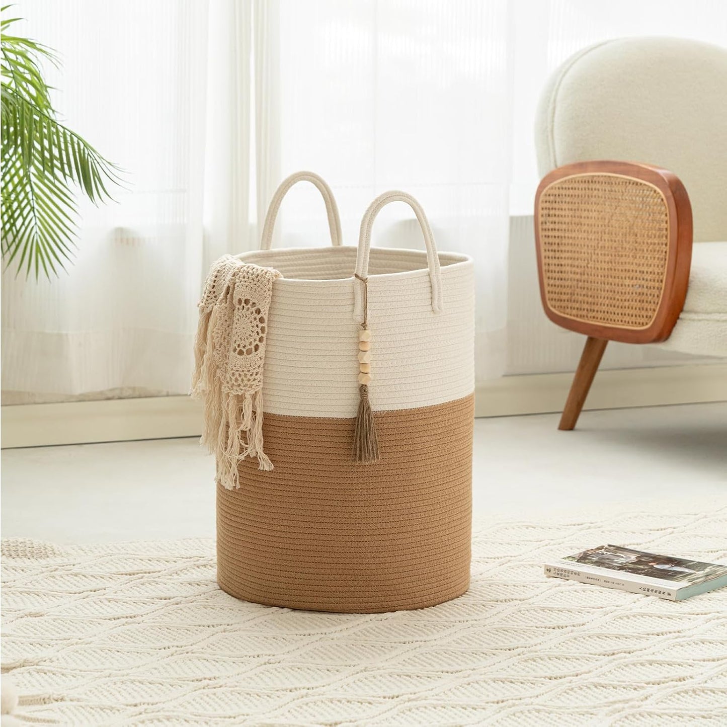 Boho Cotton Rope Storage Basket with Wooden Tassels