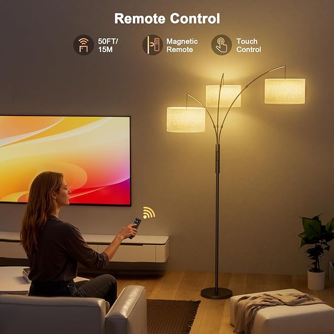 36W RGB Arc Floor Lamp with 3 Fabric Shades, 3000LM Super Bright Standing Lamp with Remote Control & Touch, Stepless Dimming, Individual Light Control for Living Room, Bedroom