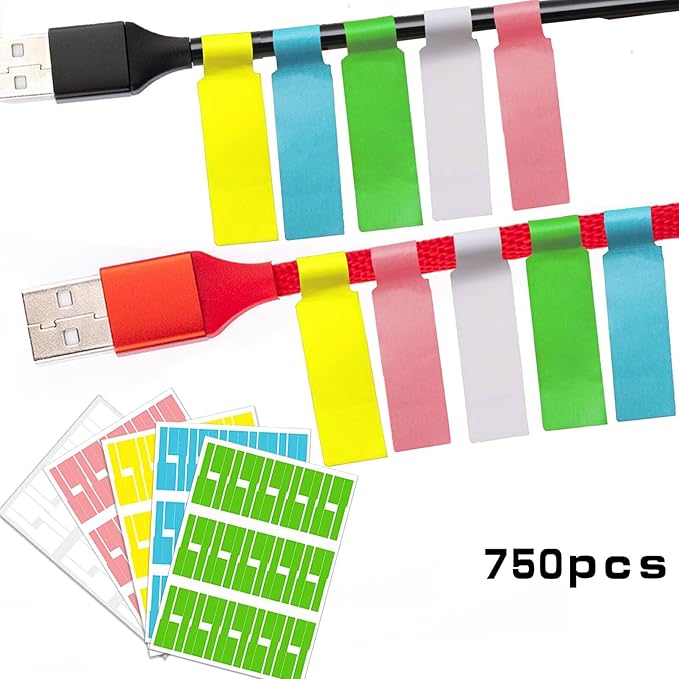 750Pcs Cable Labels 25 Sheets Waterproof Tags 5 Colors Cable Management Labels,for Laser Printers and Handwritten Self-Adhesive and Tear Resistant Label