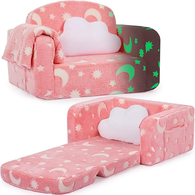 Kids Couch, 2-in-1 Soft Toddler Couch Fold Out with Blanket and Cloud Pillow, Glow in The Dark, Convertible Sofa, Gifts for Kids Girl Boys, Medium Pink Moon