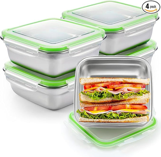 4 Pack Stainless Steel Sandwich Containers with Lids 25. 4 oz Metal Food Container for Lunch Boxes with Airtight Silicone Seal for Sandwiches and Snacks