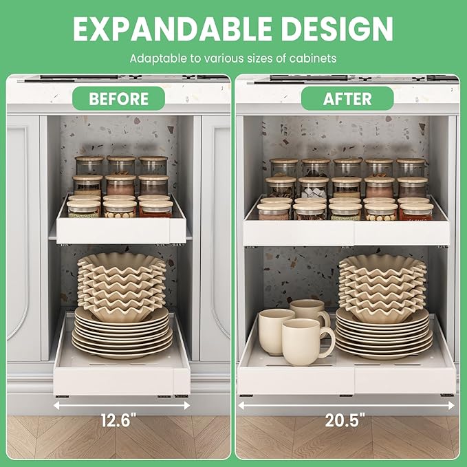 2 Pack Expandable Pull Out Cabinet Organizer, 21" Depth, for Kitchen Cabinets, Upgrade 3 Slide Slide-Out Drawers, Adjustable Width 12.05" - 20.5", White