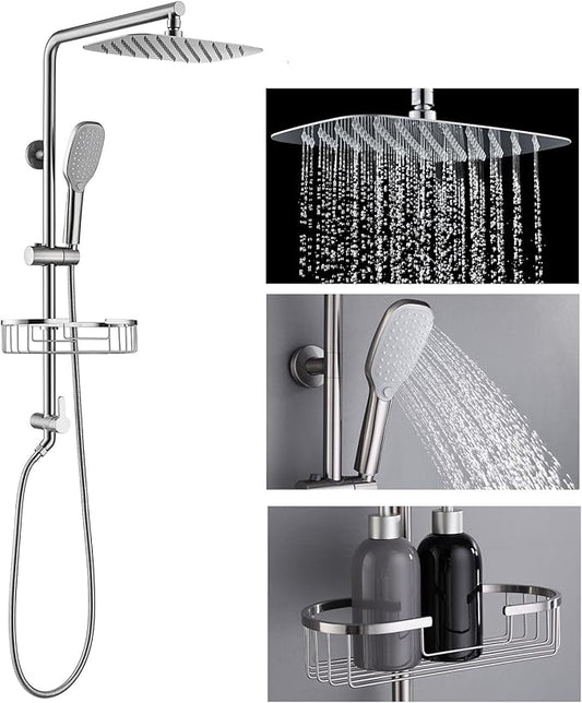 SonTiy Rain Shower Head with Handheld Spray and Shower Shelf, All Metal Shower System Kit with Hand Shower, Height Adjustable Holder and Brass Diverter for Whole Family, 2.5GPM,Brushed Nickel