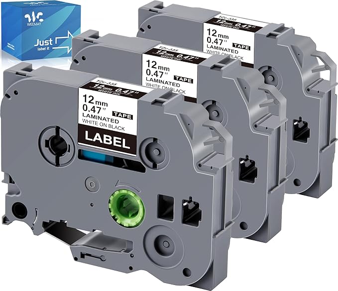 Weemay 3 Pack TZe335 12mm White on Black Laminated Label Tape Compatible with Brother Label Maker Tape TZe-335 TZe 335 TZ-335 TZ335 for PTouch PTD210 PTH110BP PTD410 PTD600 Printer, 0.47" x 26.2'