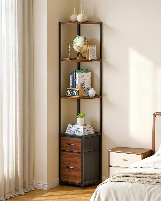 Corner Shelf Stand 6-Tier - 63.8" Tall Corner Bookshelf with Storage Drawers