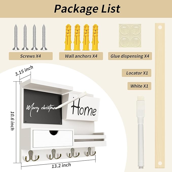 Farmhouse Key Holder for Wall with Mail Organizer - Easy Installation Wall Mount Organizer, Includes Chalkboard, Drawer, Wallet Holder & 4 Double Hooks, Ideal for Entryway, Quick Access - White