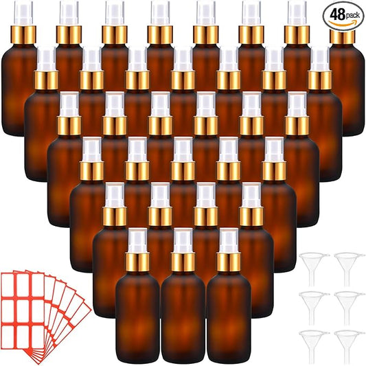 Fumete 36 Pcs Glass Spray Bottles 4oz Fine Mist Glass Spray Bottle Refillable Liquid Containers with 6 Labels 6 Funnel for Hair Travel Plants Cleaning Solutions Skin Care(Amber,Frosted)