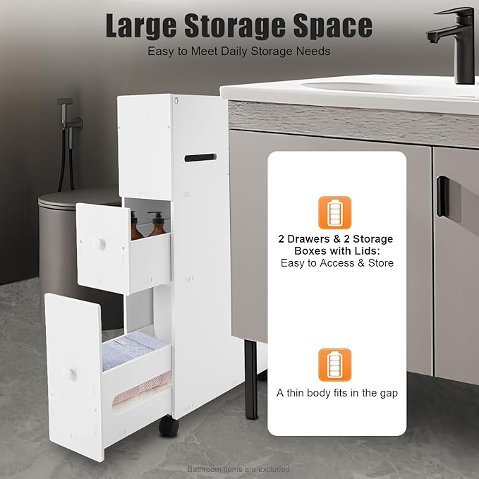 Slim Mobile Bathroom Cabinet with Wheels & Brakes, Slim Storage Organizer with Slide-Out Drawers, Large Capacity Narrow Cabinet for Toilet, Bathroom, Laundry Room