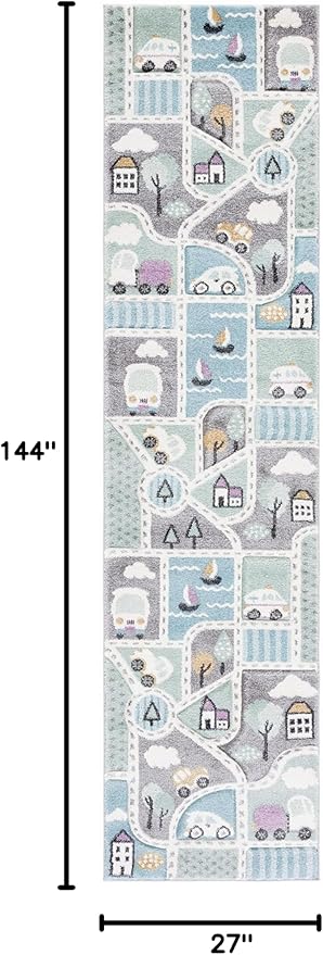 SAFAVIEH Carousel Kids Collection Area Rug - 2'3" x 12' Runner, Grey/Light Blue, Geometric Design, Ideal for High Traffic Areas in Living Room, Bedroom, Dining (CRK193F)