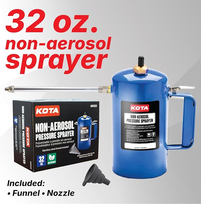 LAUCO Non Aerosol Pressure Sprayer - Refillable Pressurized Sprayer Bottle for Oil, Solvent, Degreasers, Lubricants - Rechargeable Steel Canister with Brass Nozzles, 32oz. (1, Blue)