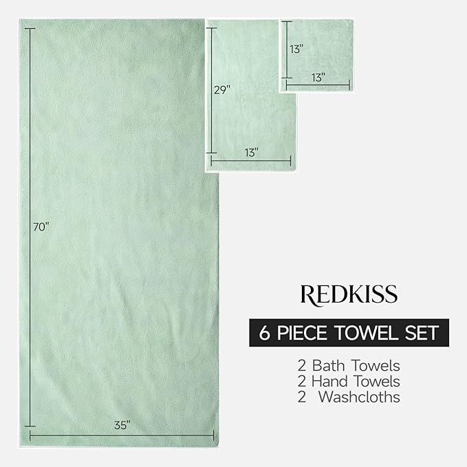 REDKISS Ultra Soft Bath Towel Set of 6 - Oversized Bath Sheets (70 x35 in), 670GSM Highly Absorbent, Quick Dry Green Towel Sets for Bathroom, Spa, Hotel, Gym
