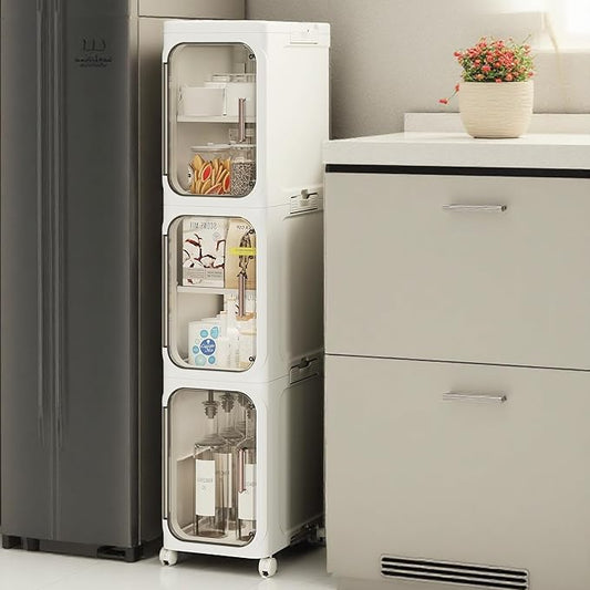 Narrow Bathroom Storage Cabinet with Wheels,3 -Tier Plastic Slim Organizer with Adjustable Shelves for Small Spaces,Bathroom, Kitchen, Milky White