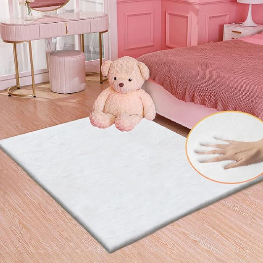 White Shaggy Bunny Fur Rugs for Living Room Washable Furry Area Rugs for Bedroom Nursery Rug 3x5 Teen Room Décor Boho Rug