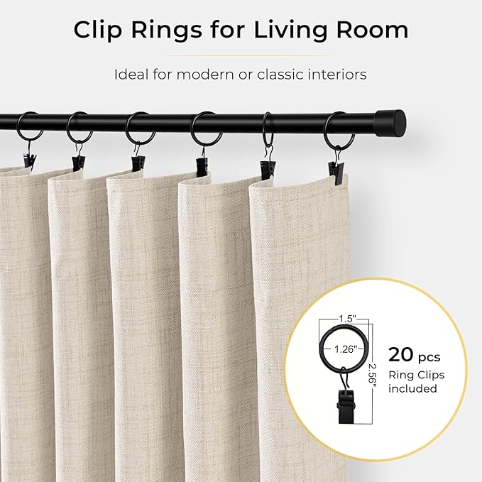 INOVADAY 100% Blackout Curtains for Bedroom, Black Out Curtains 108 Inch Long, Clip Rings Linen Blackout Drapes, Thermal Insulated Room Darkening for Living Room, 1 Panel - Cream,W102xL108