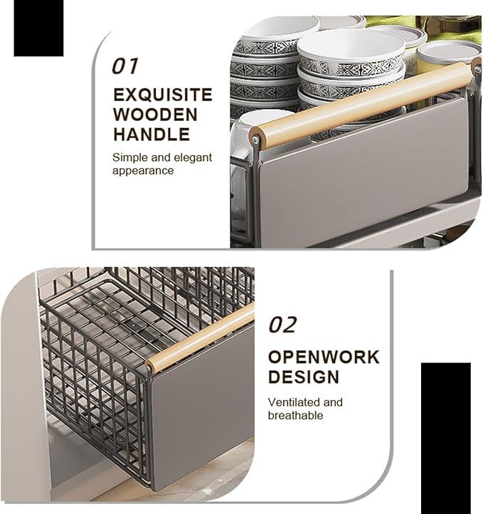 Pull Out Cabinet Sliding Basket, Under Sink Mesh Drawer Organizer with Handle, Metal Kitchen Bathroom Organization Shelf, Countertop Pantry Storage Shelves with Adhesive Nano Tape (Gray, L)