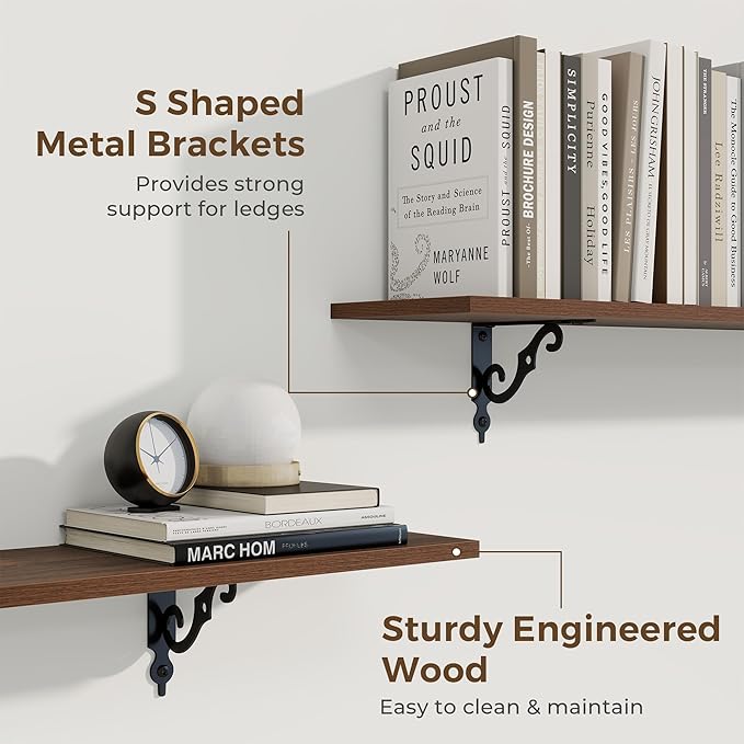 RICHFOCUS Floating Shelves for Wall Decor, 47.3W x 8D Shelves Set of 2, 8 Inch Deep Rustic Wood Shelves Wall Mounted with Brackets, Long Floating Shelves for Living Room Bedroom Kitchen, Walnut