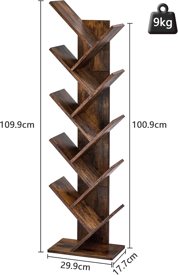 Hoctieon 10 Tier Tree Bookshelf, 10 Shelf Bookcase, Free Standing Tree Bookcase, Display Floor Standing Shelf for Books, Book Organizer Shelves for Home Office, Living Room, Bedroom, Rustic Brown