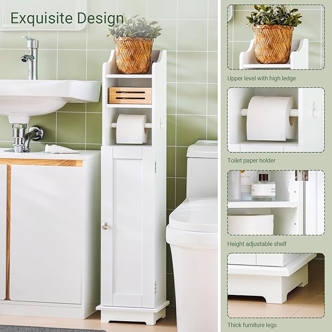 Haotian Corner Toilet Paper Holder Stand, Slim Bathroom Toilet Paper Storage Cabinet Organizer for Small Space, White FRG177-W