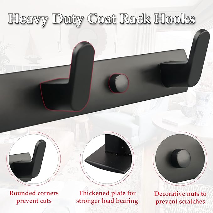 ULIBERMAGNET Magnetic Coat Hooks,Heavy Duty Magnetic Rack,Strong Rubber Magnetic Hanger for Refrigerator,Metal Cabinet,Door,Hanging Coat, Towel, Bag, Scarf, Helmet(Matte Black/3 Hooks)